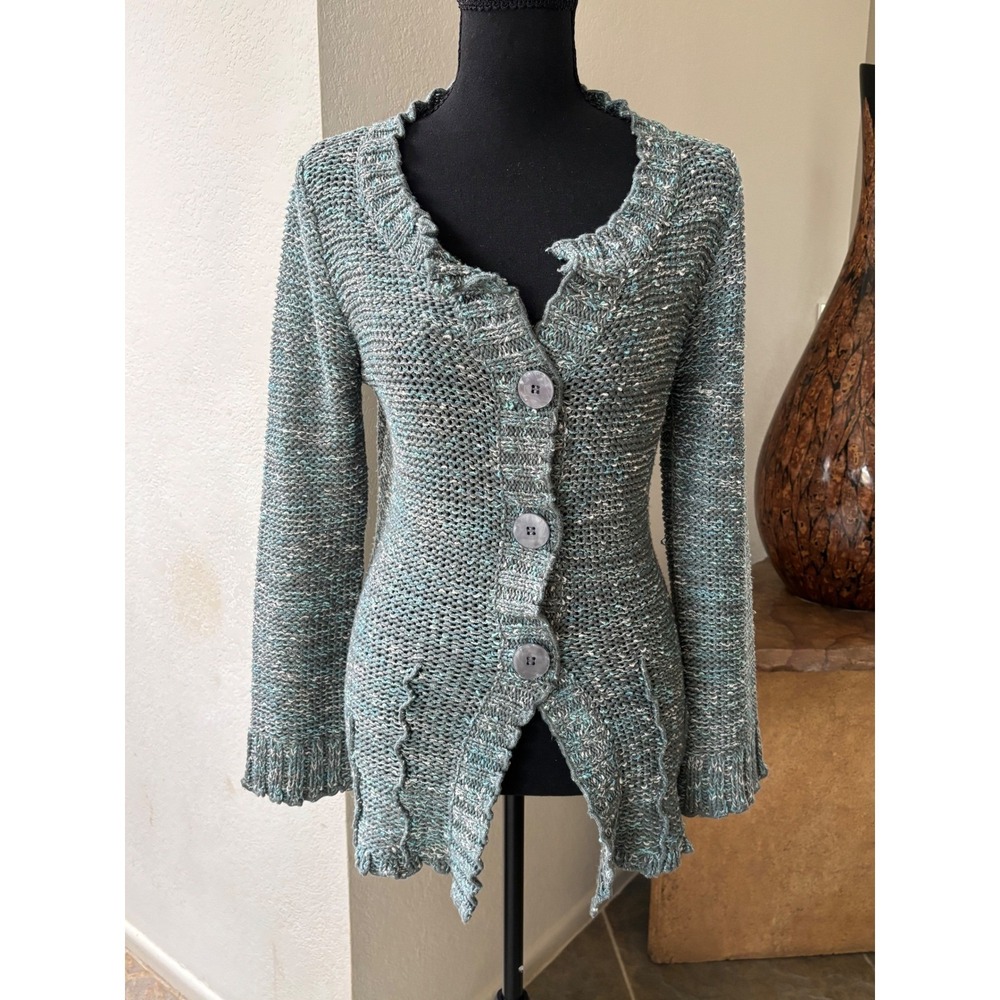 BCBG MAX AZRIA Mint Green Grey Space Dye Chunky Knit Ruffle Cardigan Large